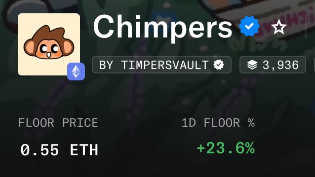 A NFT collection page for 'Chimpers' by TIMPERSVAULT, showing a floor price of 0.55 ETH with a +23.6% 1D floor increase and 3,936 items.