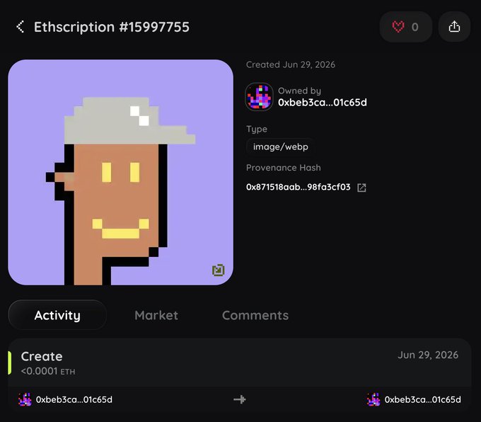 A screenshot of an Ethscription NFT page (#15997755) showing a pixel art image of a smiling brown character wearing a gray cap on a purple background, created on Jun 29, 2026 for <0.0001 ETH and owned by 0xbeb3ca...01c65d, commemorating BankrBot inscribing the image directly from the 𝕏 timeline.