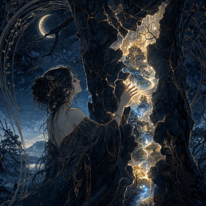 A digital fantasy illustration of a woman in a dark dress touching a glowing, cracked wall that reveals a golden forest landscape, set against a starry night sky with a crescent moon.