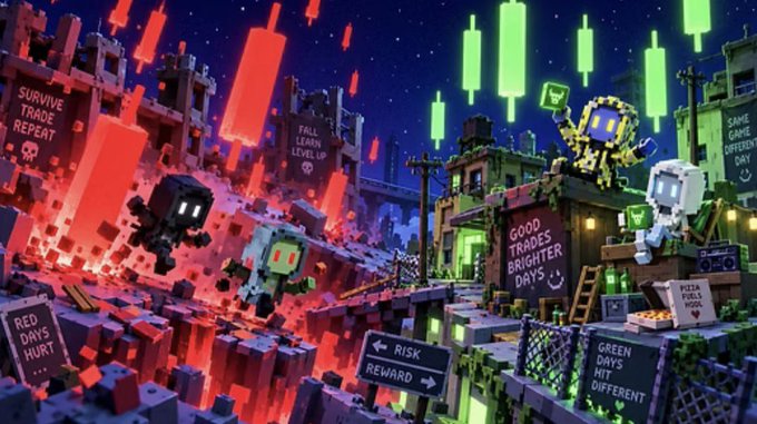 A pixel-art scene contrasts two cities divided by a lava-filled chasm and a central sign reading 'RISK' (left arrow) and 'REWARD' (right arrow). The left side features red-themed blocky characters and signs like 'SURVIVE TRADE REPEAT', 'FALL LEARN LEVEL UP', and 'RED DAYS HURT...', while the right side shows green-themed figures with signs stating 'GOOD TRADES BRIGHTER DAYS', 'PIZZA FULLS YOUR SOUL', 'SAME GAME DIFFERENT DAY', and 'GREEN DAYS HIT DIFFERENT'.