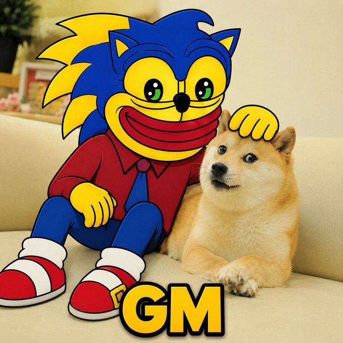 A cartoon Sonic the Hedgehog character sits next to a Shiba Inu dog, with the text "GM" prominently displayed, fitting the "gm crypto enjoyers" post.