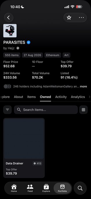 A mobile screen shows an NFT collection called "PARASITES" by Hejz, listed on Ethereum, with a floor price of $52.68 and 555 items.