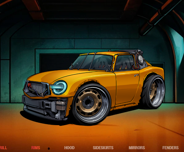 A yellow sports car with custom modifications displayed in a garage setting, with customization menu options at the bottom including RIMS, HOOD, SIDESKIRTS, MIRRORS, and FENDERS.