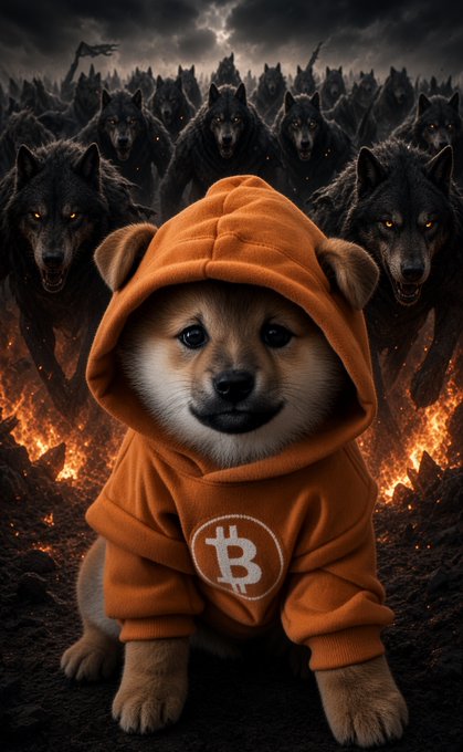 A digital illustration of a Shiba Inu puppy wearing an orange Bitcoin hoodie, with a pack of menacing wolves and fire in the background.