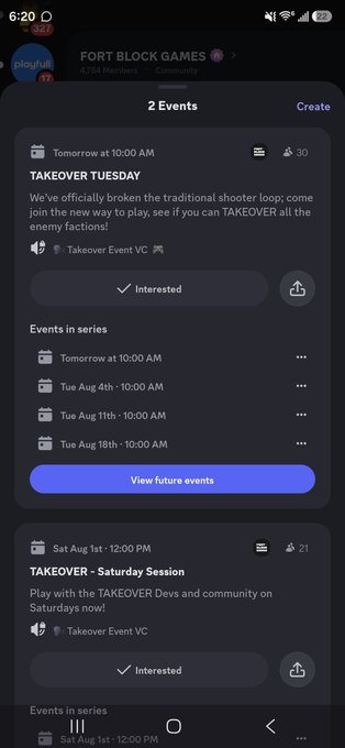 A mobile screenshot of the Discord app showing 2 events for 'FORT BLOCK GAMES' server, including 'TAKEOVER TUESDAY' tomorrow at 10:00 AM and 'TAKEOVER - Saturday Session' on Sat Aug 1st at 12:00 PM.