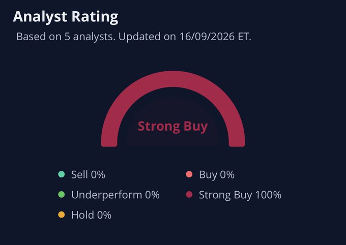 An 'Analyst Rating' chart displays a 'Strong Buy' rating with a red gauge, showing 100% Strong Buy, 0% Buy, 0% Hold, 0% Underperform, and 0% Sell based on 5 analysts, updated on 16/09/2026 ET.