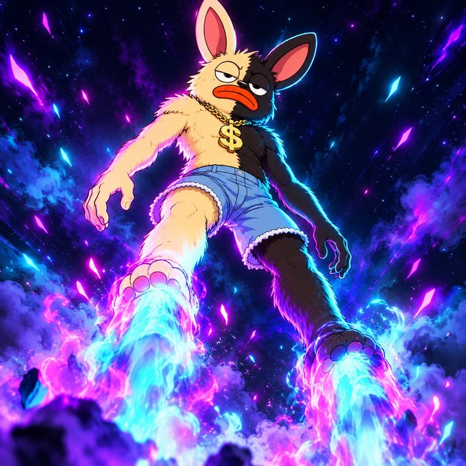 A furry bipedal rabbit-like creature with a black-and-tan split body, wearing denim shorts and a gold dollar sign chain, stands powerfully atop a vibrant explosion of neon purple and blue flames against a cosmic starry background. The image serves as dramatic, eye-catching crypto/airdrop promotional artwork to attract attention for the "$BORO" token giveaway mentioned in the post.