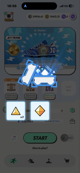 A mobile game screenshot showing a rewards/loot box interface with shoe and diamond items, a 'START' button, and various in-game currencies.
