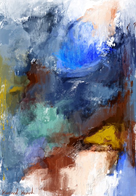 An abstract expressionist painting with swirling blues, grays, greens, yellows, and rust tones, signed 'Harvard' in red in the bottom left corner.