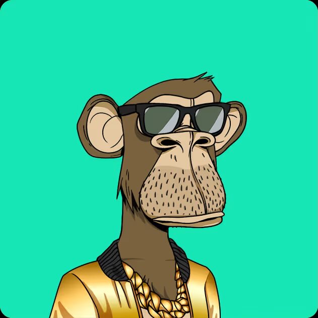 A cartoon illustration of a monkey wearing black sunglasses and a thick gold chain necklace against a solid teal background.