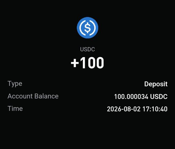A screenshot of a USDC deposit confirmation showing +100 USDC credited to the account balance (now 100.000034 USDC) on August 2, 2026 at 17:10:40, visually supporting the post's message about "starting the month" with a small crypto win worth stacking.