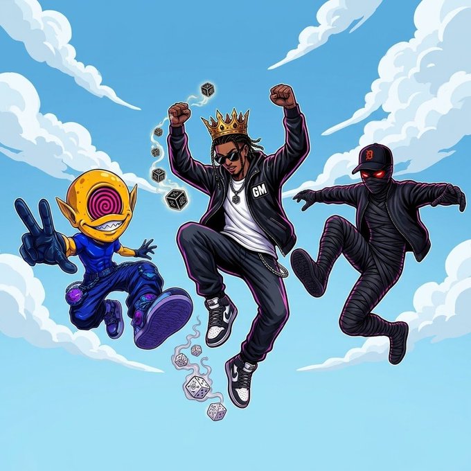 A vibrant cartoon illustration shows three characters jumping in the sky with clouds: a yellow alien-like figure, a central character wearing a crown and a 'GM' jacket, and a figure in all black with red glowing eyes and an 'R' cap.