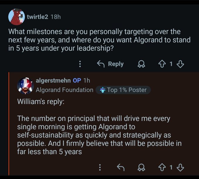 A Reddit thread where user 'twirtle2' asks about Algorand's 5-year milestones, and 'algerstmehn OP' from the Algorand Foundation replies with William's goal of achieving self-sustainability 'in far less than 5 years'.