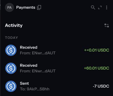 A Google Payments activity screenshot showing today's transactions: two received payments totaling 60.01 USDC (from ENwr…dAUT) and a sent payment of 7 USDC (to 9AkP…58h). The screenshot confirms the "+$60" USDC payment mentioned in the post, visually validating the author's claim of being paid on their last day in Lagos.