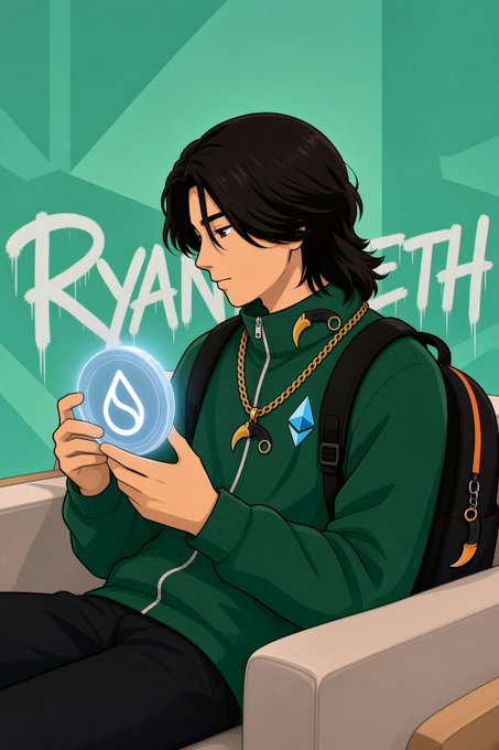 An anime-style illustration of a dark-haired young man wearing a green tracksuit and gold chain, sitting and holding a glowing blue SUI coin, with "RYAN" and "ETH" text graffiti behind him.