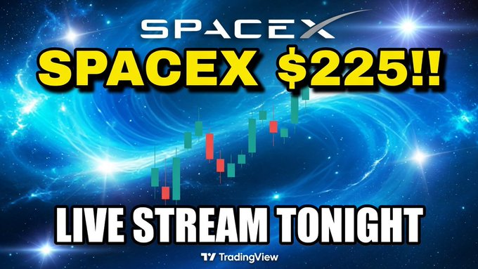 The image shows a large illustration of the galaxy with clouds against blue space-like background. There are three red candles representing red bulls, green bulls, and black bears, symbolizing the bullishness or bearishness of a stock chart. In front of these symbols, there's text that reads "LIVE stream tonight at 10pm est! Let' s have a chat about $SPCX SpaceX, $BTC taking back some losses, and ehat this means for alt coins like $XRP and $ETH". The image suggests that the viewer should pay attention to space-related stocks or cryptocurrencies on either side of the candles.