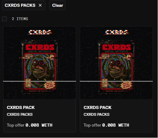 The image shows a digital marketplace listing for two CXRDS PACKS from the CXRDS PACKS collection, each with a top offer of 0.008 WETH. This relates to the post about successfully minting a CXRDS pack after being added to the allowlist, showcasing the NFT item that was acquired.