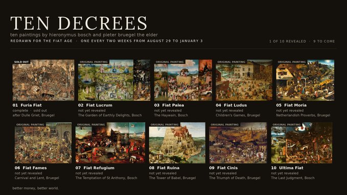 'Ten Decrees' NFT collection gallery showing ten paintings redrawn by hieronymus bosch and pieter brugel the elder, revealed one every two weeks from August 29 to January 3.