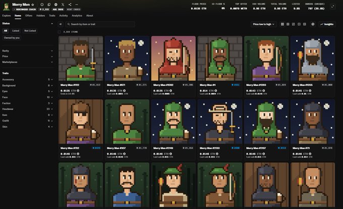 The image shows a collection of "Merry Men" NFTs with varying pixel art designs and attributes, corresponding to the #MerryMen hashtag in the post. The collection features items priced in ETH, with some already sold.