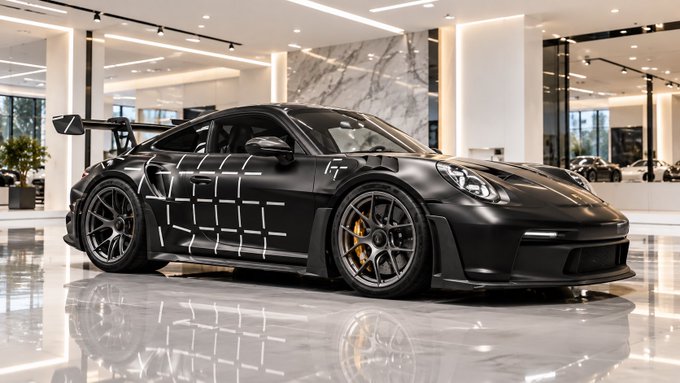A matte black Porsche 911 GT3 with custom geometric side decals is displayed in a luxurious showroom. The image showcases the high-performance sports car being offered as the grand prize in a Solana trading promotion.