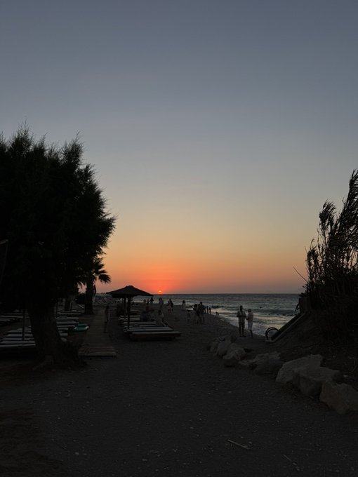 A tranquil beach scene at sunset shows silhouetted trees, beach loungers, and people near the water as the sun dips below the horizon.