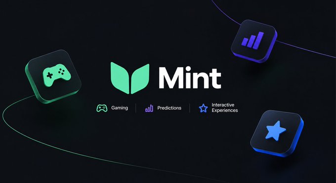 A promotional graphic for 'Mint' featuring a green leaf-like logo, with icons indicating services for Gaming, Predictions, and Interactive Experiences.