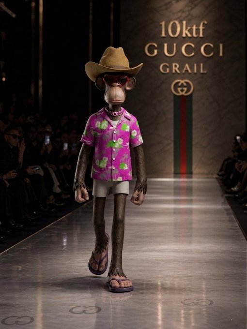 A CGI ape wearing a cowboy hat and pink floral shirt struts down a runway, with a backdrop displaying "10ktf GUCCI GRAIL" alongside the Gucci logo and signature green-red-green stripe, directly promoting the 10KTF Gucci Grail NFT collection.