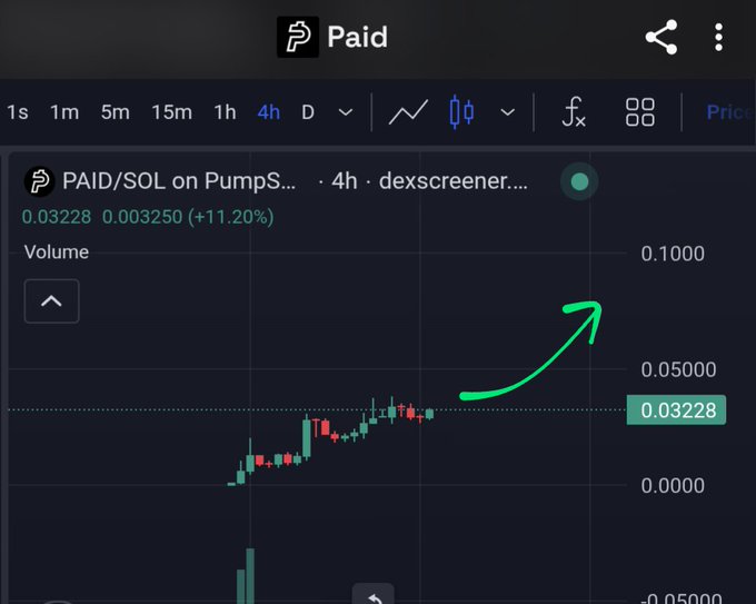 A 4-hour Dexscreener chart of the PAID/SOL token on PumpSwap shows a price of 0.03228, up 11.20% (+0.003250), with a hand-drawn green arrow pointing toward higher targets. The image illustrates bullish momentum supporting speculation that $Paid could reach a 100 million dollar market cap, especially if Elon Musk tweets about it.