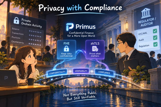 Promotional graphic for Primus titled 'Privacy with Compliance,' highlighting features like FHE and zkTLS for confidential finance, with the tagline 'Not Everything Public, But Still Verifiable.'