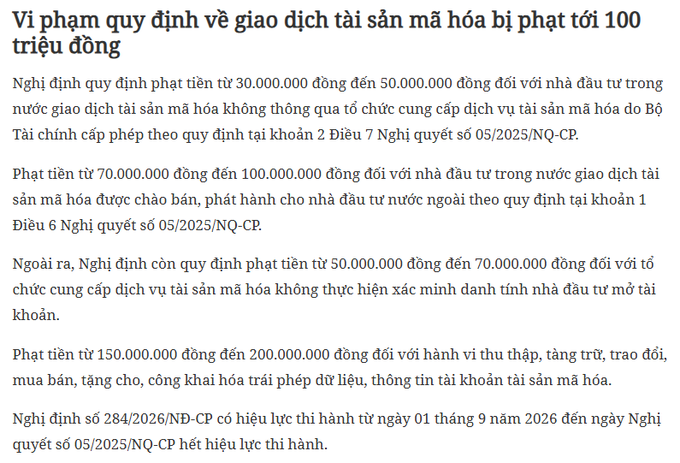 A Vietnamese article titled 'Vi phạm quy định về giao dịch tài sản mã hóa bị phạt tới 100 triệu đồng' outlining fines (30–200 million VND) for crypto trading violations under Decree 284/2026/NĐ-CP effective September 1, 2026.