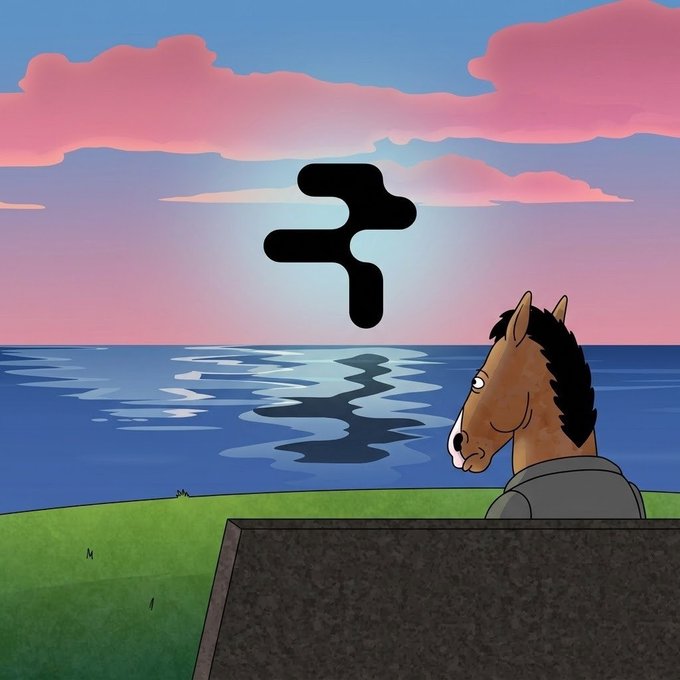 An animated scene of a brown horse character wearing a gray hoodie, looking out at a sunset over the ocean, with a black abstract logo floating in the sky.
