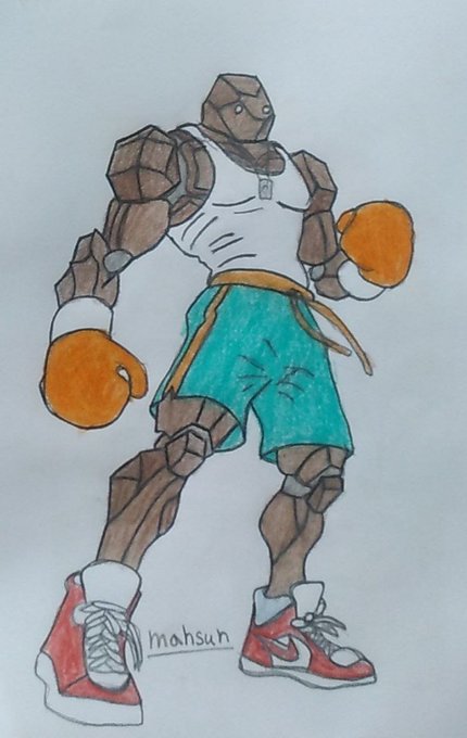 A hand-drawn illustration of a rock-headed boxer character wearing a white tank top, teal shorts, red sneakers, and orange boxing gloves, signed 'mahsuh'.