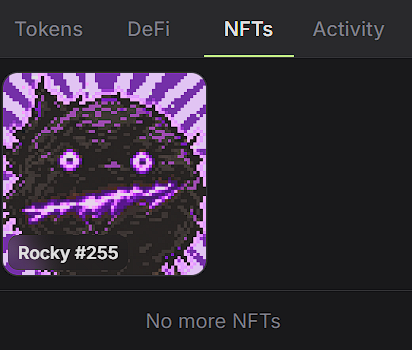 Mobile app interface showing an NFT tab with a pixel art 'Rocky #255' image and the text 'No more NFTs'.