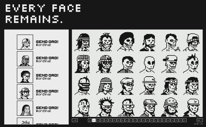 Pixel-art interface displaying "EVERY FACE REMAINS" with "SEND ORD!" prompts next to character portraits, alongside a grid of various pixelated character heads.