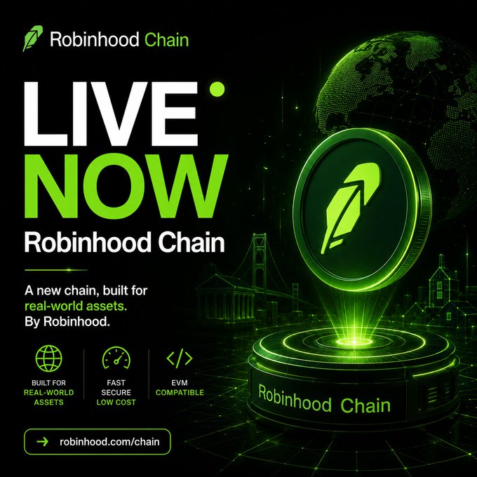A promotional advertisement for Robinhood Chain displaying 'LIVE NOW' in large green and white text. The graphic highlights features like 'BUILT FOR REAL-WORLD ASSETS,' 'FAST SECURE LOW COST,' and 'EVM COMPATIBLE,' directing viewers to robinhood.com/chain.