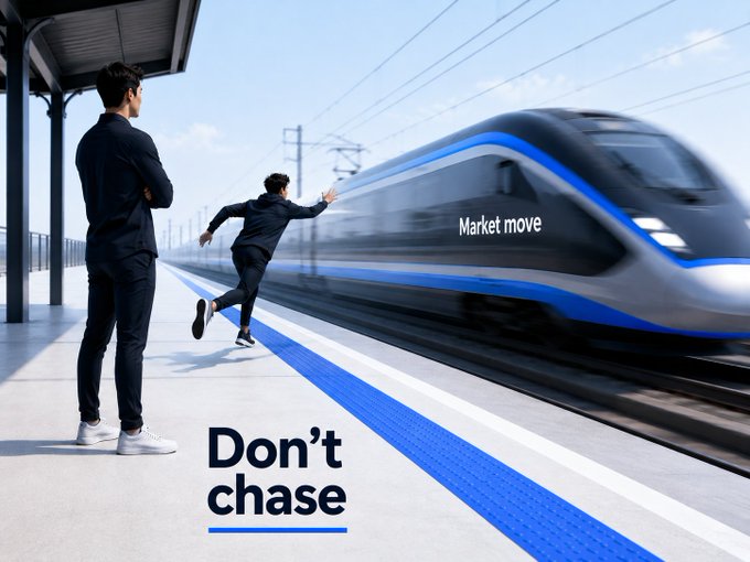 A man stands calmly on a station platform while another person foolishly chases a speeding train labeled "Market move," visually reinforcing the post's warning against chasing market action instead of waiting for clear setups. The bold "Don't chase" text directly echoes the cautionary message about resisting the urge to force trades during volatile market movements.