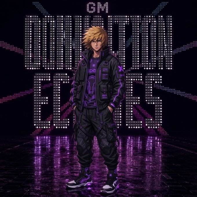 A blonde anime-style character in a black tactical outfit with purple accents stands confidently before a glowing digital backdrop spelling "GM" and "QM" in pixelated text, visually reinforcing the social post's headline about the Qip Network's debut of the first-ever QFT (Quantum Fractal Token) on September 10, framing the collectible as a cyberpunk-inspired artifact tied to quantum computing's future.