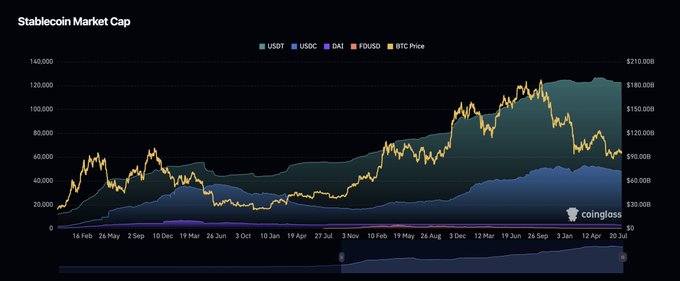 A Coinglass chart titled "Stablecoin Market Cap" displays the combined market caps of USDT, USDC, DAI, and FDUSD stacked from February to July, hovering near $130 billion alongside BTC price movements on the right axis. The visualization supports the post's argument by showing stablecoin liquidity remains near all-time highs despite BTC's volatility, indicating capital is sitting on the sidelines rather than exiting crypto.