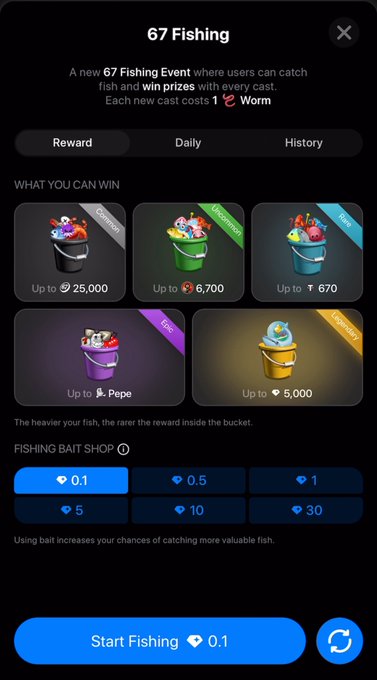 A mobile app screen for a '67 Fishing' event where users catch fish to win prizes, displaying various reward tiers (Common, Uncommon, Rare, Epic, Legendary), a fishing bait shop with different diamond costs, and a 'Start Fishing' button costing 0.1.