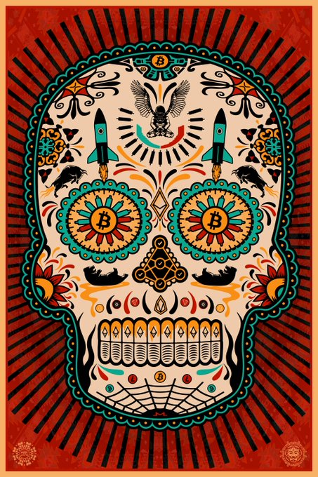 A colorful, intricate sugar skull (calavera) illustration incorporating cryptocurrency symbols including Bitcoin logos in the eyes and an Ethereum diamond on the forehead, set against a red and orange striped background.