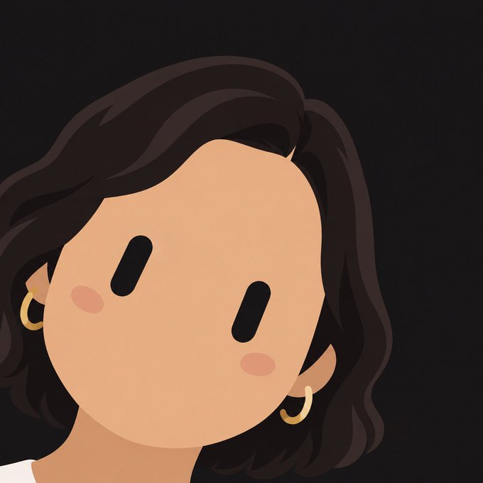 An illustration of a woman with dark wavy hair, gold hoop earrings, and a minimalist face design set against a black background.