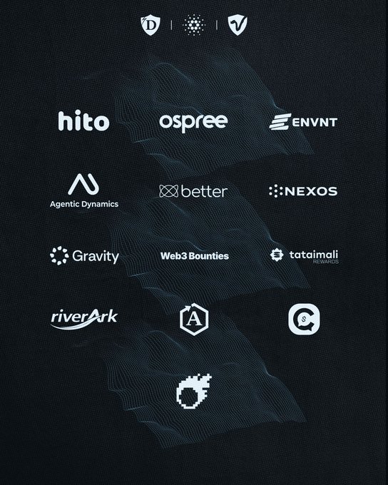 A dark-themed graphic showcasing 13 company logos associated with the Cardano ecosystem, including recognizable names like hito, ospree, ENVNT, Agentic Dynamics, better, NEXOS, Gravity, Web3 Bounties, tataimail, riverArk, and others. The display of multiple project logos visually represents the diverse range of decentralized applications and partners building on the Cardano blockchain, as referenced in "This is Cardano."