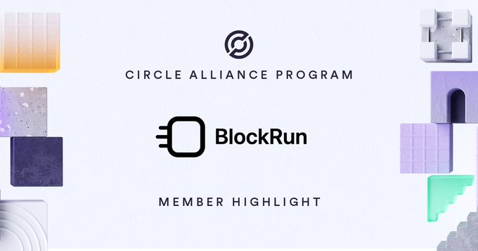The image features a poster for Circle Alliance Program member @BlockRunAI who has brought USDC payments to agentic AI workflows. The poster highlights that this partnership enables agents to discover services, access AI models, and pay per request using wallet-authenticated USDC payments. This collaboration is part of the Circle Alliance Program, which aims to promote circular economy principles by connecting businesses with circular partners like @BlockRunAI.
