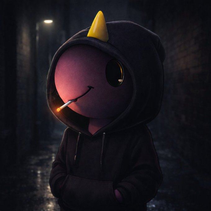 A dark, atmospheric 3D render of a cartoonish pink hooded character with a yellow horn, smoking a cigarette in a dimly lit alleyway.