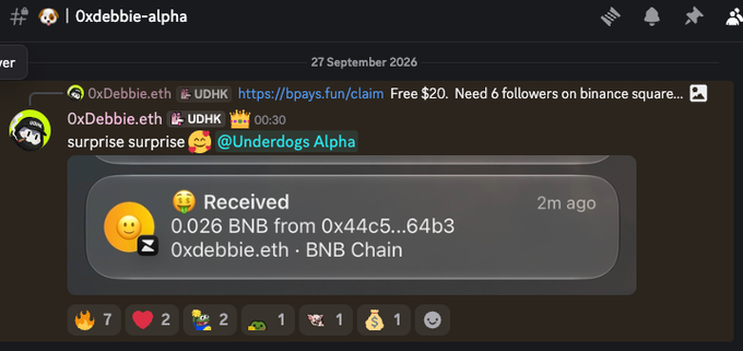 Discord message from 0xDebbie.eth in the 'Oxdebbie-alpha' channel showing a BNB airdrop, with a received transaction of 0.026 BNB and a link to https://bpays.fun/claim offering a free $20 reward.