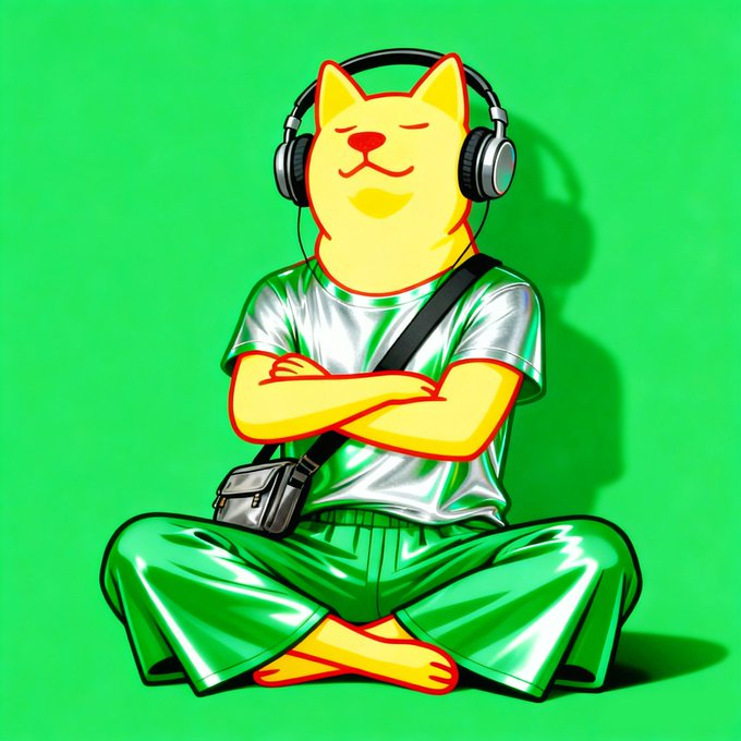 urn of gold and silver, with a black cat wearing headphones, sits on the ground against a green background.