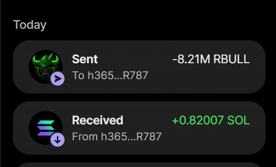 A crypto wallet transaction history showing a "Sent" entry of -8.21M RBULL to address h365...R787 alongside a "Received" entry of +0.82007 SOL from the same address, visually confirming the purchase of 8.2 million RBULL tokens for 0.82 SOL.
