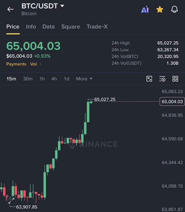 A Binance trading chart displays BTC/USDT at $65,004.03 (+0.93%), with a 24h high of $65,027.25 and low of $63,267.34, showing a recent price surge on the candlestick graph that supports the claim that Bitcoin has reclaimed the $65,000 level.