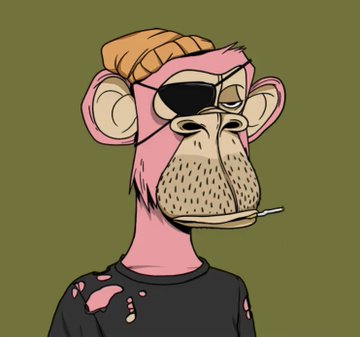 A digital illustration of a stylized pink monkey or ape wearing an orange beanie, sunglasses, and a black shirt, holding a cigarette.