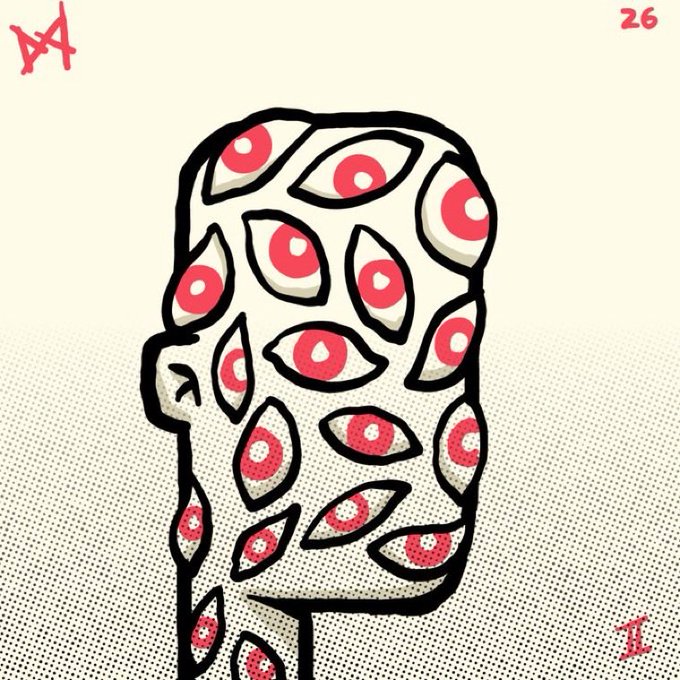 An illustration of a figure whose head is composed of multiple eyes with red irises, set against a dotted background, with the number "26" in red in the upper right corner.